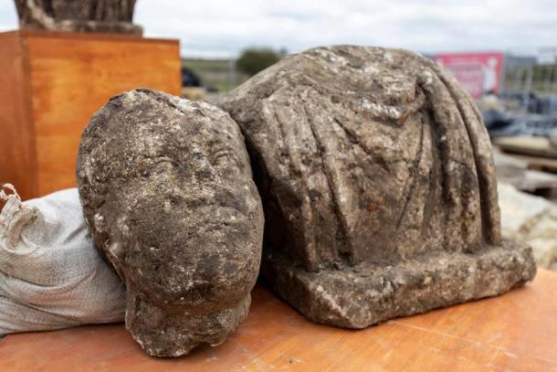 Male head and torso of Roman statue discovered during a HS2 archaeological dig at the site of old St Mary’s church in Stoke Mandeville, Buckinghamshire. (HS2)