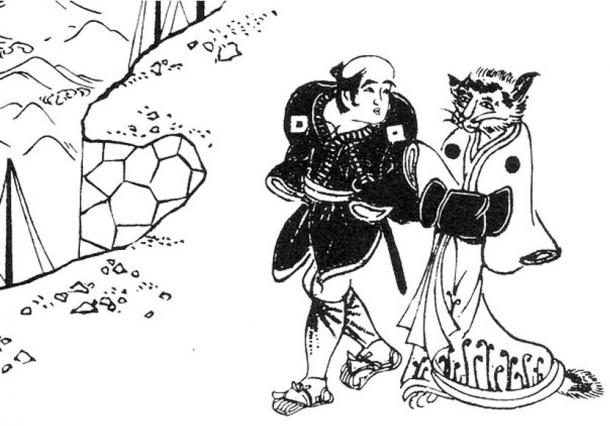 Man walking with a Bakeneko prostitute by the Shinagawa Sea.