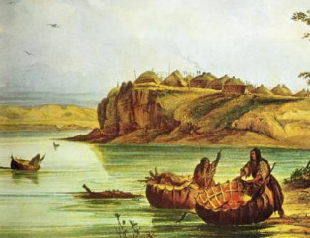 Mandan bull boats and lodges. (