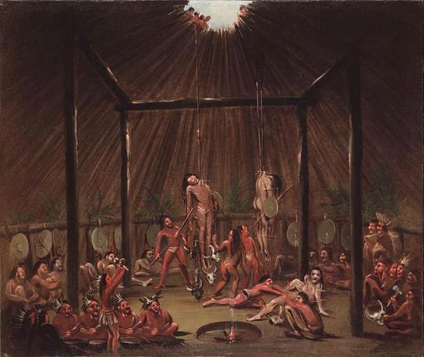 The Mandan Okipa Spirit Ceremony, depicted in this painting by George Catlin, involved hanging initiates by their muscles and beating them. (George Catlin / Public domain)