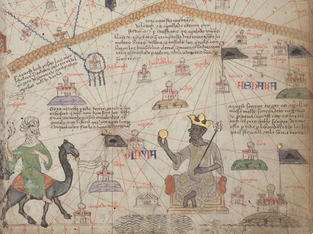 Mansa Musa depicted holding a gold nugget, from the 1375 Catalan Atlas