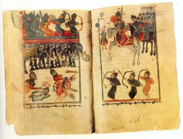 Manuscript showing war elephants with archers and soldiers on their backs. The Battle of Avarayr, Sharaknots, 1482