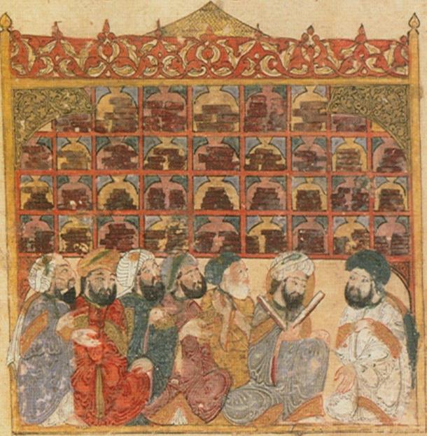 Manuscript with depiction by Yahya ibn Vaseti found in the Maqama of Hariri located at the Bibliotheque Nationale de France. Image depicts a library with pupils in it.