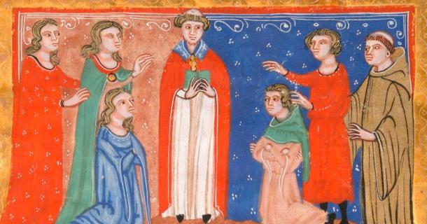 Manuscript Leaf with Marriage Scene, from Decretals of Gregory IX, circa 1300 (Public Domain)