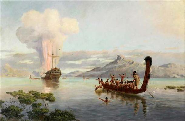 Maori warriors in a waka canoe. “The blowing up of the Boyd Steele” by Louis John Steel. (Public domain)