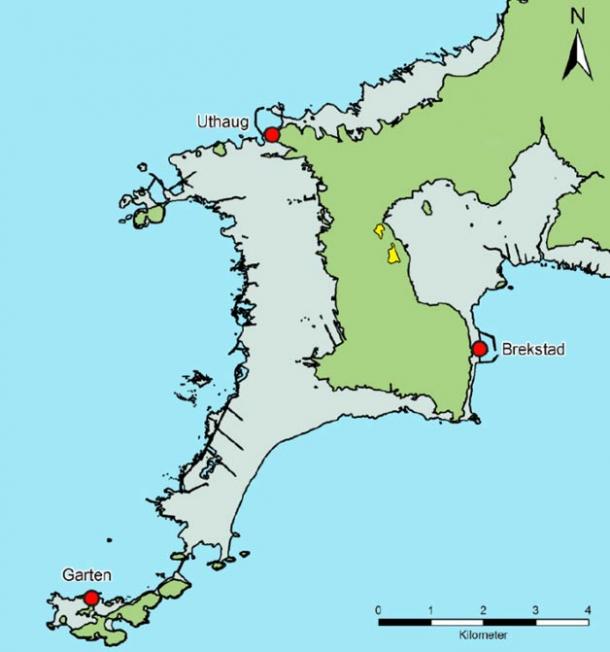 The area in yellow on the Trondheim Fjord is under excavation and was the site of a settlement 1,500 years ago. The area in green was dry land then. 