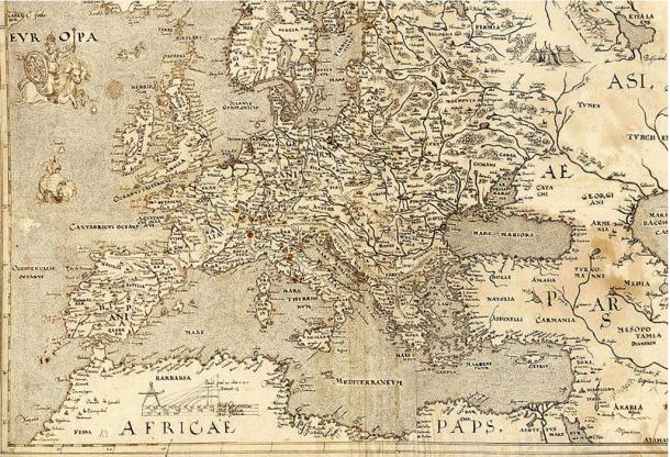 Mapa da Europa de 1570 mostrando Hy-Brasil em outro local (veja ao lado do pé do animal cavalgando 'Europa')