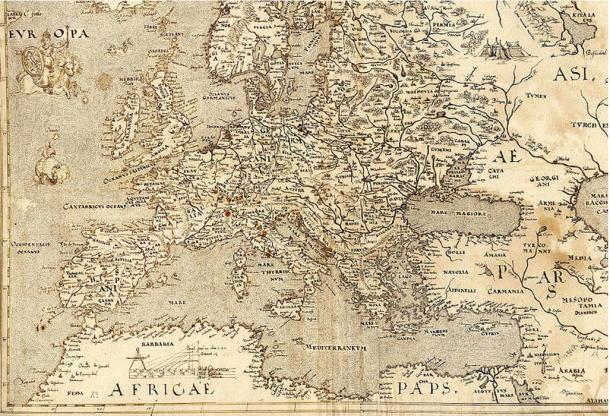 A Map of Europe from 1570 showing Hy-Brasil at another location (look beside the foot of the animal 'Europa' is riding)