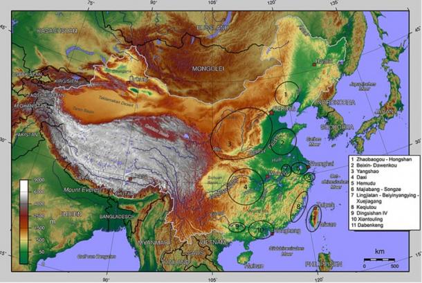 Map of the middle Neolithic cultures in China, including the Hongshan 