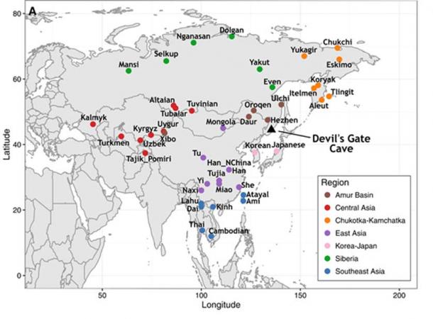 Map of Asia showing the location of Devil’s Gate (black triangle) and of modern populations forming the regional panel in the study’s analysis.