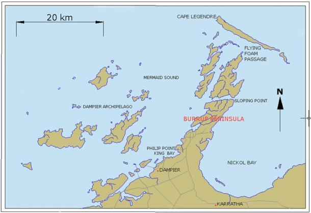 Map of Dampier Archipelago and Burrup Peninsula, Western Australia