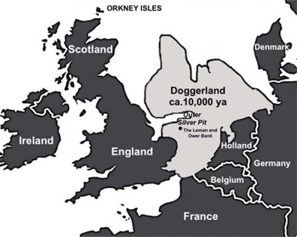 Map of Doggerland as it might have appeared around 10,000 years ago (copyright: Andrew Collins). The area known as the Outer Silver Pit is thought to have been the center of the landmass’s Mesolithic community 10,000 years ago. Over time it was transformed from a great lake into a saline estuary attached to the North Sea.