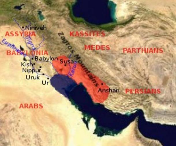 Map showing the extent of the Elamite Empire (present day Iran) in red. Heft Tappeh is 15 km to the south of Susa. The ancient city traded with their neighbors, especially Babylon.