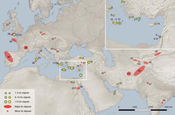 Map of Eurasia showing the locations of the tin ingots mentioned in the study (green dots), other tin objects in the eastern Mediterranean and the Near East before 1,000 BC (yellow dots), and major and minor tin deposits. (PLOS ONE)