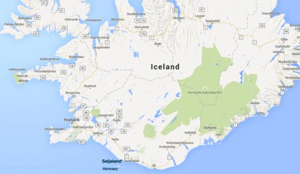 Map of Iceland showing the location of Seljaland in the South. 