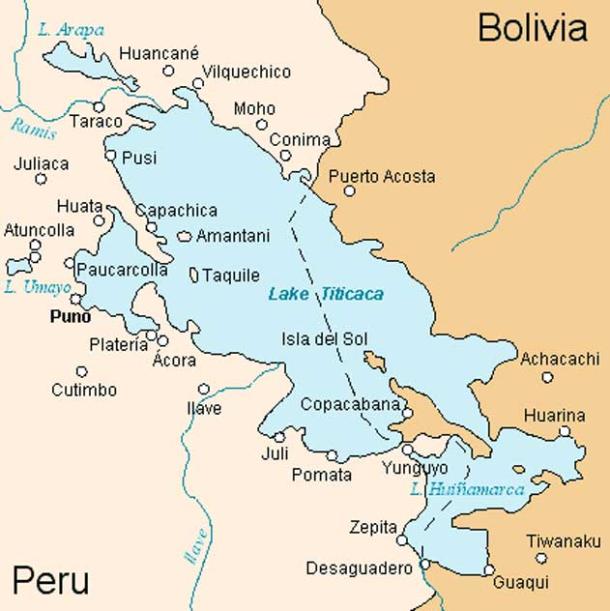 Map of Lake Titicaca with Tiwanaku at the bottom right. (Public Domain)