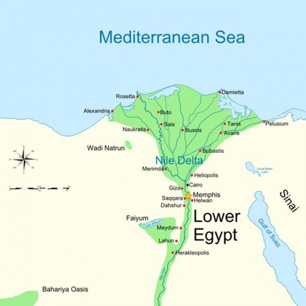 Map of Lower Egypt showing Tanis and Avaris, near Pi-Ramesses. 
