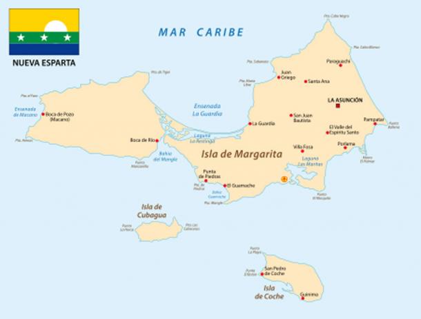 Map of Nueva Esparta with Cubagua lying south-west (lesniewski/ Adobe Stock)