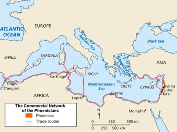 Map of Phoenicia and its Mediterranean trade routes. (Ras67 / CC BY-SA 3.0)