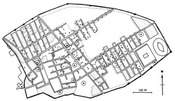 Mapa de Pompeya que muestra baños públicos y privados.