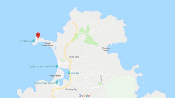 Map of St Lucia showing the location of Pigeon Island on the north-west (Google Maps)