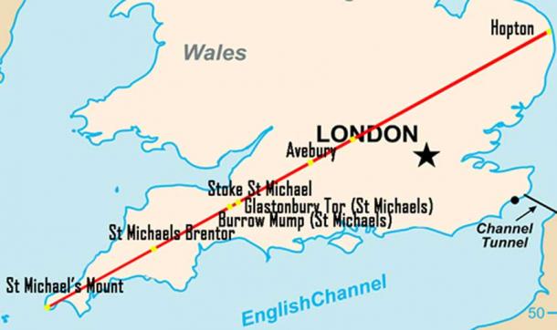 Map of England/UK showing some points along the St Michael’s Ley-line (Public Domain/Deriv)