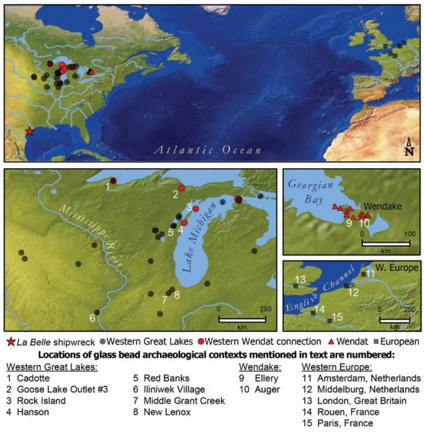 Map of archaeological site locations for glass beads in this study (base map from Natural Earth