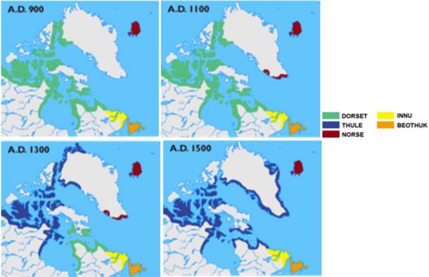 Map of cultures in Greenland, Labrador, Newfoundland, and the Canadian arctic from 900, 1100, 1300, and 1500 AD. Note how the Dorset culture was prominent in the early years and dramatically declined.