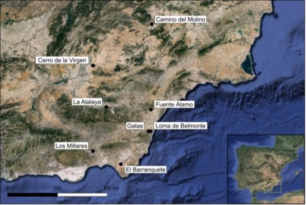 Map of southeast Iberia showing the Chalcolithic and Bronze Age sites mentioned in the report. 