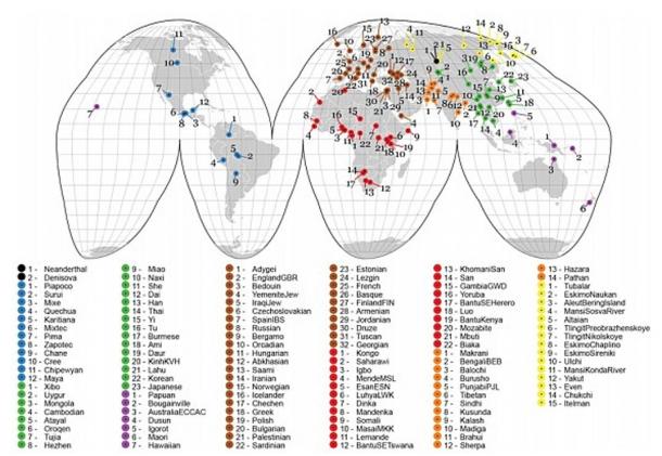 Map of the 125 populations sampled in the study and their relation to each other.