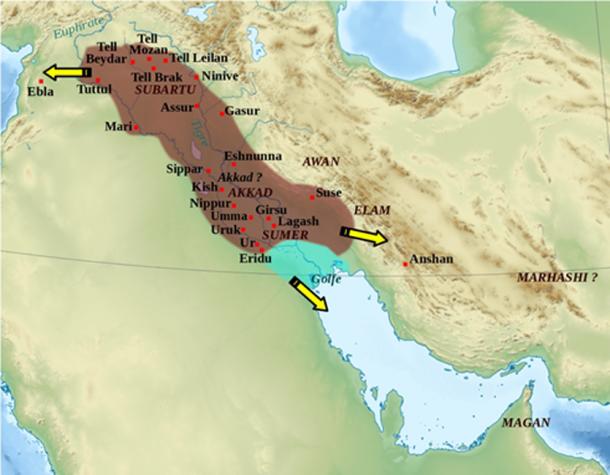 Map of the Akkadian Empire and the directions in which military campaigns were conducted. (Zunkir / CC BY-SA 3.0)