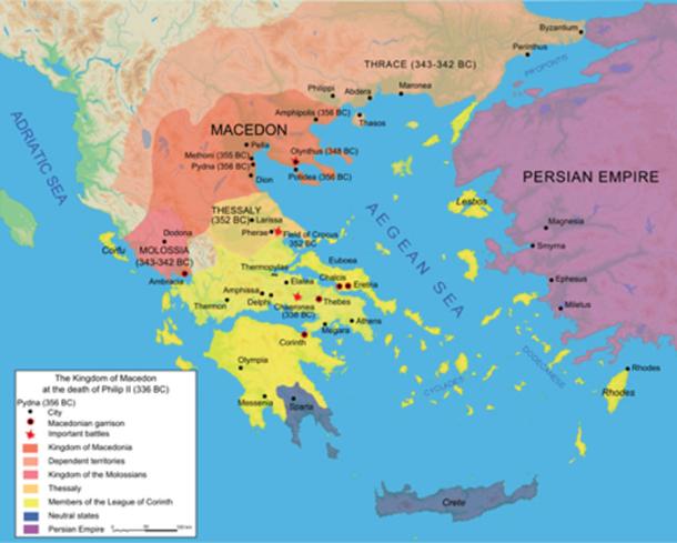 Map of the Kingdom of Macedon at the death of Philip II in 336 BC. (Hogweard / CC BY-SA 3.0)