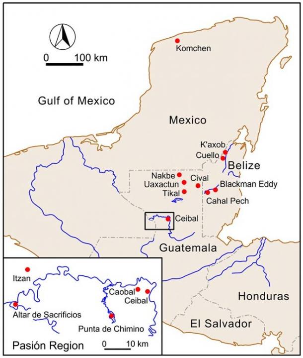 Map of the Maya area with inset of Pasiòn region