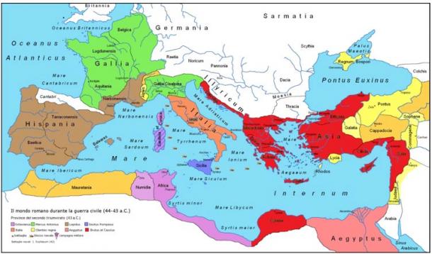 Map of the Roman Republic after the establishment of the Second Triumvirate, formed by Octavius and Mark Antony