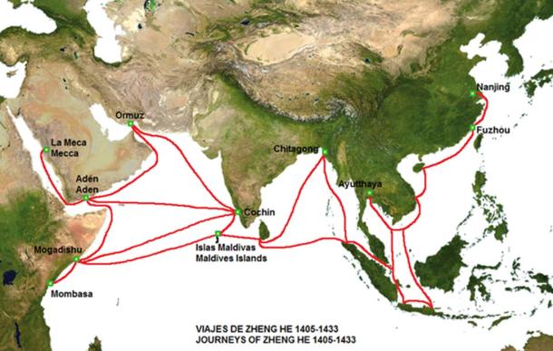 Map of the routes of Zheng He from 1404-1433 includes a visit to Sri Lanka