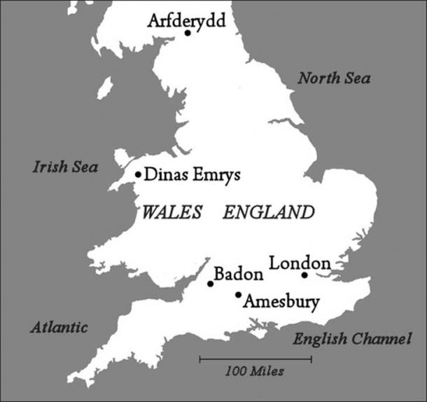 Map showing sites associated with Merlin and the Arthurian legend.