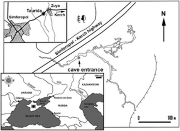 Map showing the geographical location of the fossil locality and the cave plan. (Lopatin / Journal of Vertebrate Paleontology)