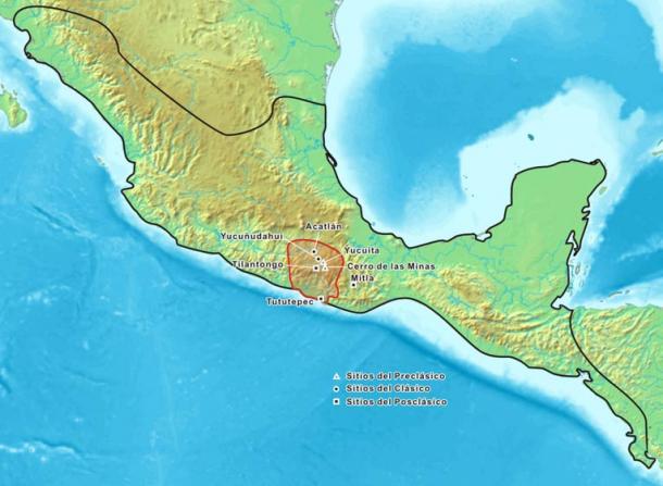 Map showing the historic Mixtec area. Pre-Classic archeological sites are marked with a triangle, Classic sites with a round dot, and Post-Classic sites with a square