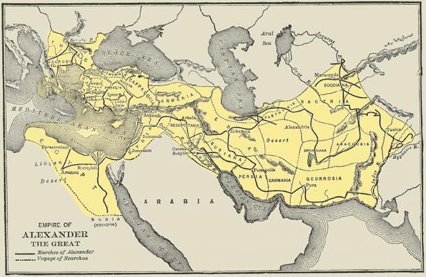 Map showing voyages of Nearchus and the campaigns of Alexander until shortly after acquiring the Persian Empire – from A History of the Ancient World, George Willis Botsford Ph.D., The MacMillan Company, 1913. (Public Domain)
