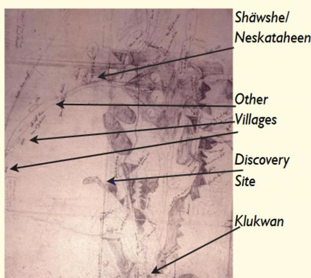 Map made by Chilkat trading chief Kohklux in 1852, which shows his Klukwan home, as well as the villages on the Tatshenshini River. The approximate location of the Kwäday Dän Ts'ìnchi discovery site has been added.