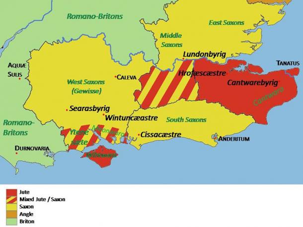 Map of southeast Britain circa 575 AD showing approximate areas of Jutish settlement according to the ancient history of English origins, Ecclesiastical History of the English People, written by the Venerable Bede. (James Frankcom / CC BY 3.0)