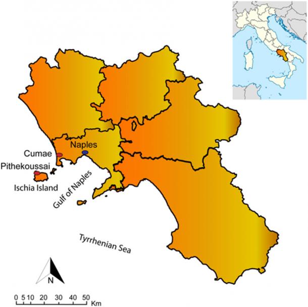 Map showing location of Pithekoussai, modern-day Ischia Island, in the Gulf of Naples, Italy. (Gigante et. al / PLOS)