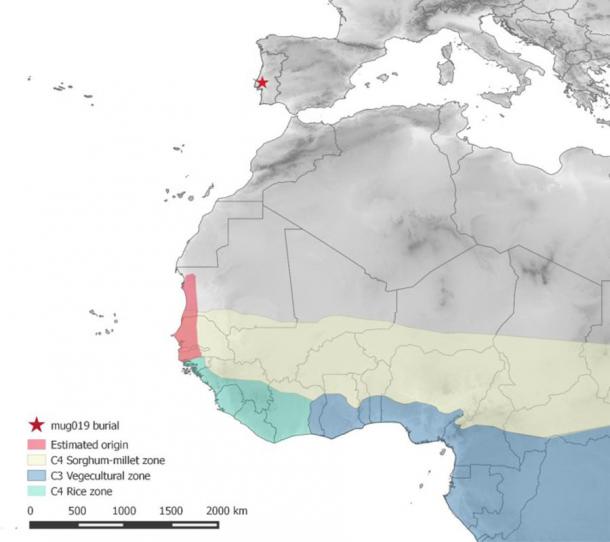 Mapa que muestra la ubicación del lugar de enterramiento de la Edad de Piedra en Portugal y el área estimada de origen en África occidental de los restos africanos descubiertos allí. (Petroteo-Stjerna et. al. / CC BY 4.0)