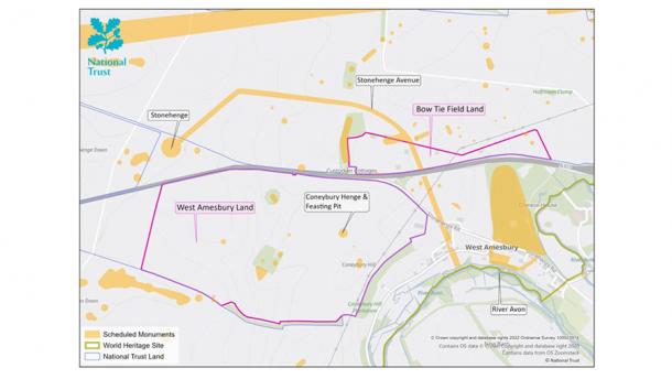 Mapa que muestra nuevas áreas de reversión de pastizales alrededor de Stonehenge. (Confianza nacional)