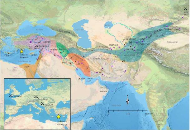 Map of regional geography and main sites - Purple dashed arrows depict documented trade networks, circa 2200 to 1700 BC. Blue shaded region reflects the corridor connecting the Anatolian and Central Asian/Middle Eastern tin trade, circa 1600 to 1000 BC. Other shaded areas represent key Late Bronze Age polities. Inset map illustrates the location of ancient tin sources in Europe. (Michael Frachetti)