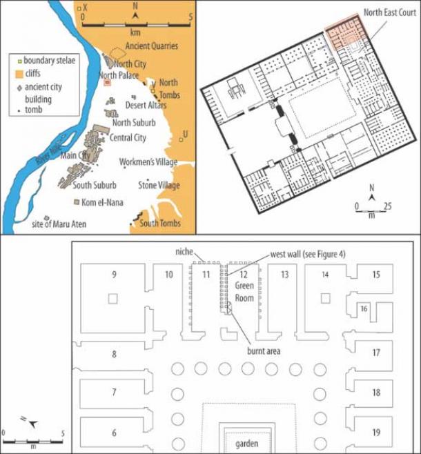 Mapa que muestra la ubicación del Palacio Norte y la Sala Verde en Amarna, donde se descubrió la obra de arte aviar. (B. Kemp / Antiquity Publications Ltd)