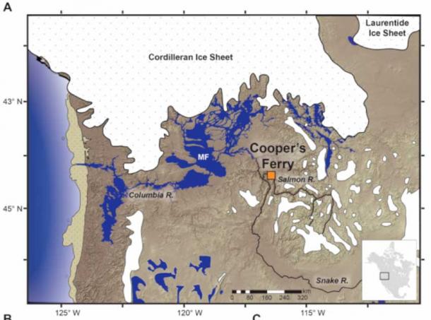 (A) Map showing the location of the Cooper’s Ferry site in the context of Pacific Northwest environments at 16,000 years ago. (Davis, Loren G/Science)