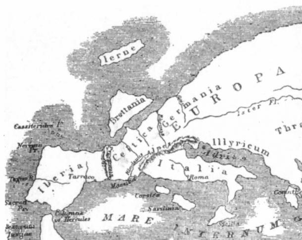 Map of Europe according to Strabo, with the phantom island of Thule shown to the north of Brittania. (Public Domain)