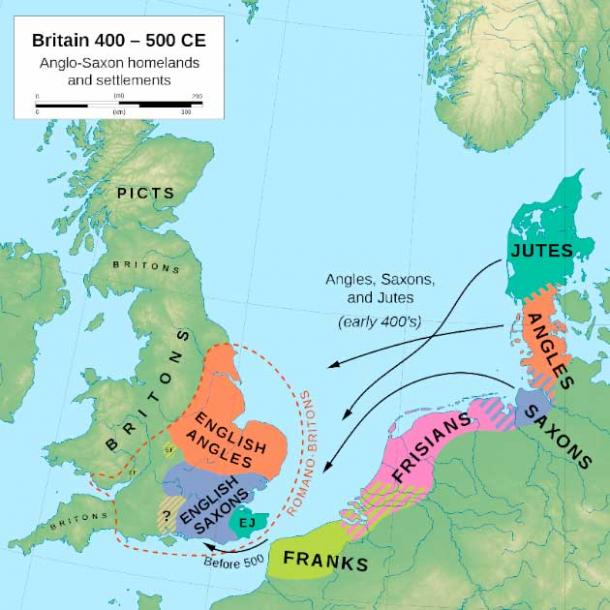 Map of Anglo-Saxon homelands, based on Bede’s Ecclesiastical History (Mbartelsm / CC BY SA 3.0)