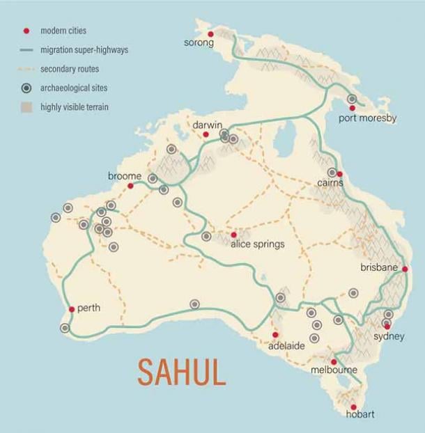 Bản đồ của siêu lục địa khổng lồ kỷ Pleistocene được gọi là Sahul, như nó trông khoảng 50.000 năm trước.  Các đường màu xanh lục đánh dấu các tuyến đường di chuyển chính hoặc “siêu xa lộ” xuất hiện sau hàng tỷ mô phỏng trên máy tính.  (Meg Davidson / Phòng thí nghiệm quốc gia Sandia)